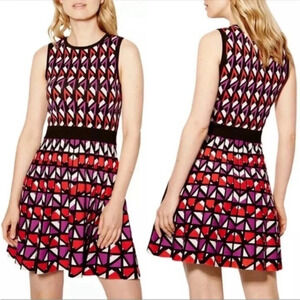 Karen Millen Geometric Knit A-Line Dress XS Red Purple Black White Classic